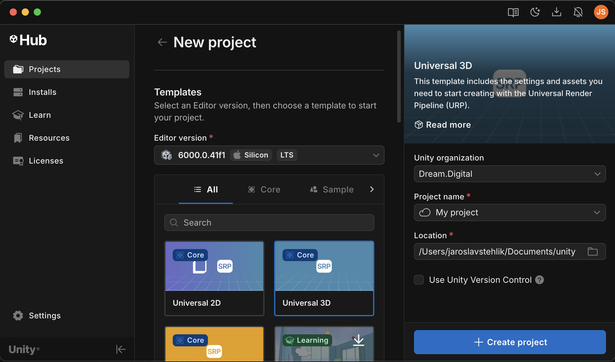 create unity project